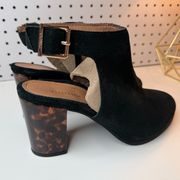 VIONIC Lacey Tortoise Block Heel Sling Back Black Suede Shoes Rubber Sole 9M - Picture 4 of 16